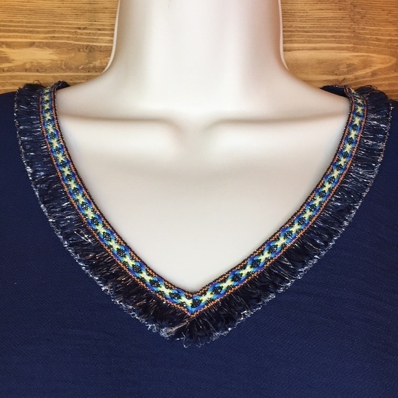 Andrew Marc | Blue Cold Shoulder Top Fringe Detail L - Picture 3 of 5
